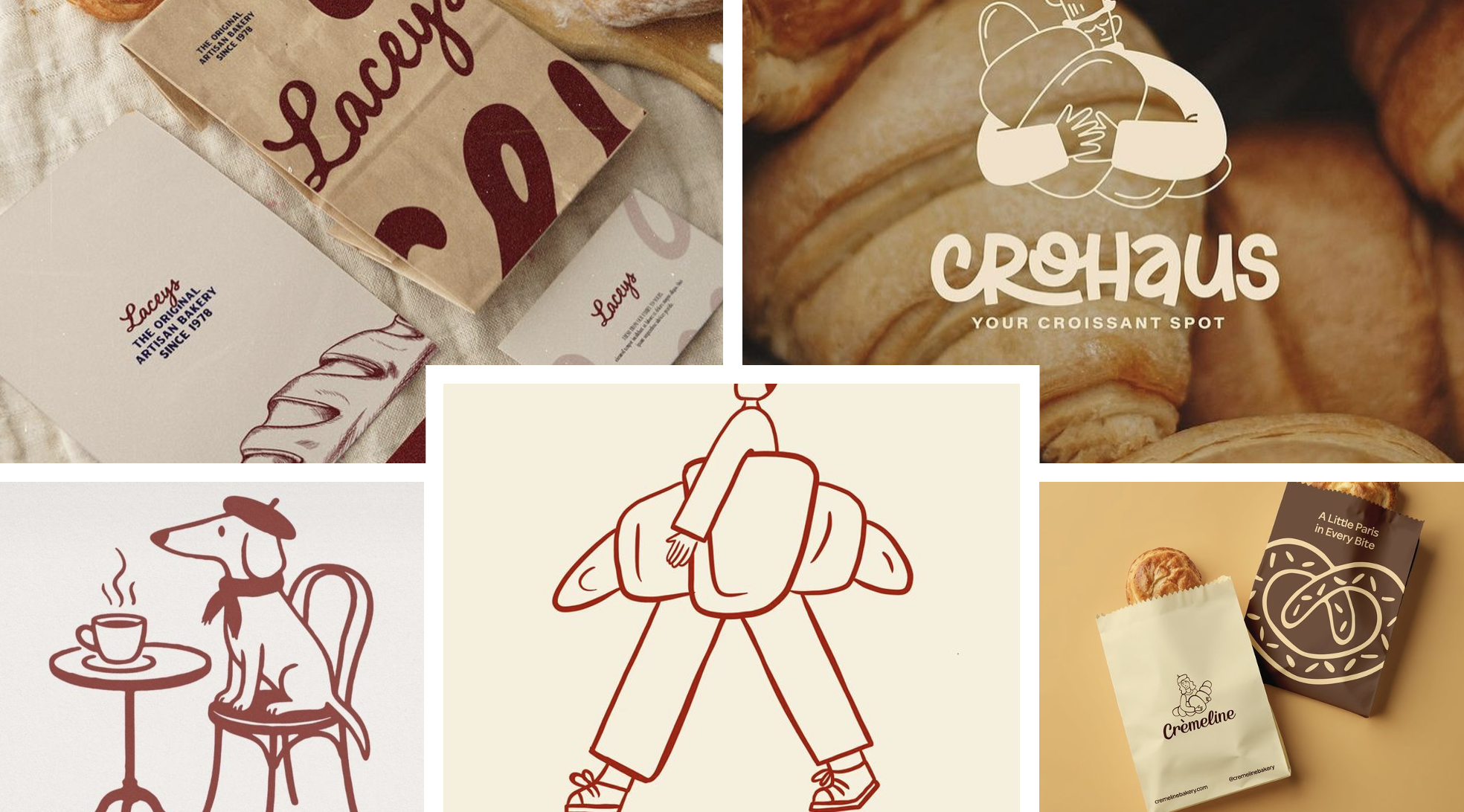 Collage of bakery and croissant images, with logos and illustrations of dogs and croissants.