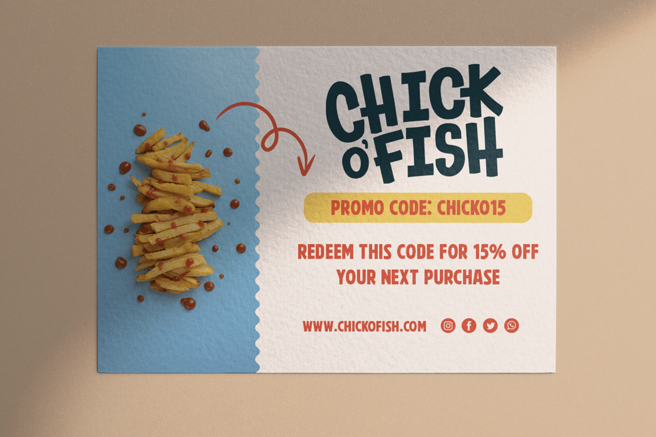 Flyer promoting a special deal at Chick Fish restaurant with a large pile of fries drizzled with red sauce on the left and promotional discount code on the right.