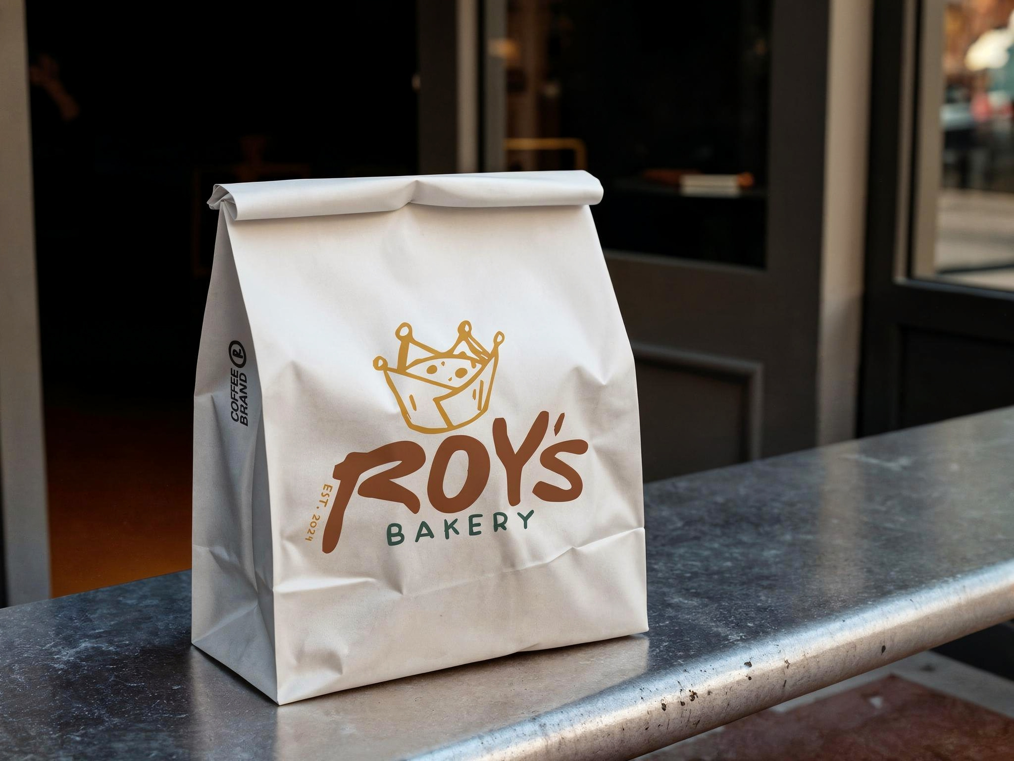 A white paper bag with a gold crown logo and the words 'BOY'S BAKERY' printed on it, sitting on a gray stone surface outside a bakery.