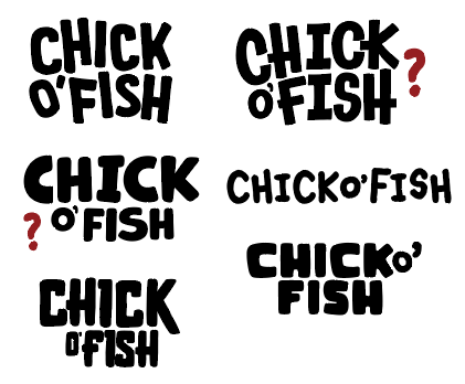 Various black text logos on a white background reading "CHICK O'FISH" and "CHICK OFISH" with some including red question marks.