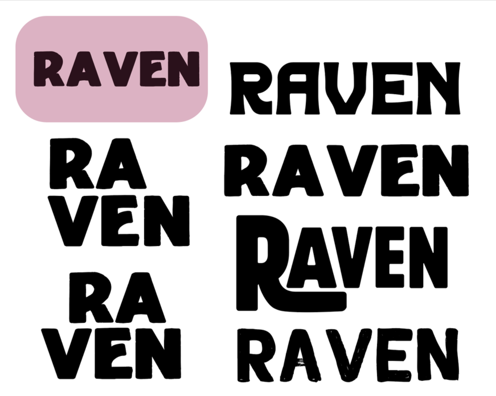 Multiple black and pink text representations of the word 'RAVEN' in various fonts and sizes on a white background, with one pink box in the top left corner containing the word 'RAVEN' in darker purple.