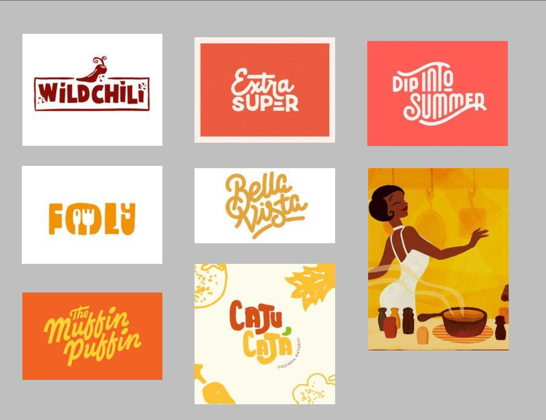 Collection of colorful logos and illustrations promoting summer-themed food and beverages, featuring brands like Wildchil, Extra Super, Dipimo Summer, and illustrations of a woman cooking and serving food.