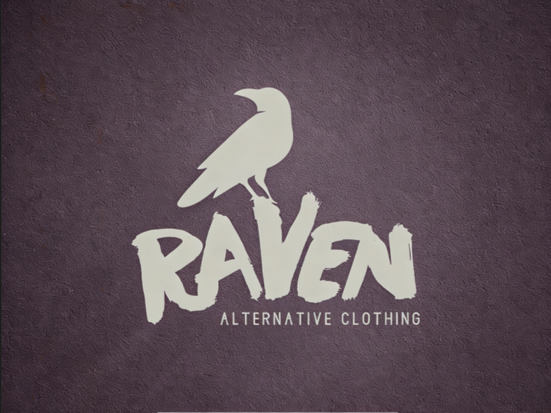 Logo for Raven Alternative Clothing featuring a white silhouette of a raven perched on the letter 'V' with the brand name in bold uppercase letters and tagline underneath.