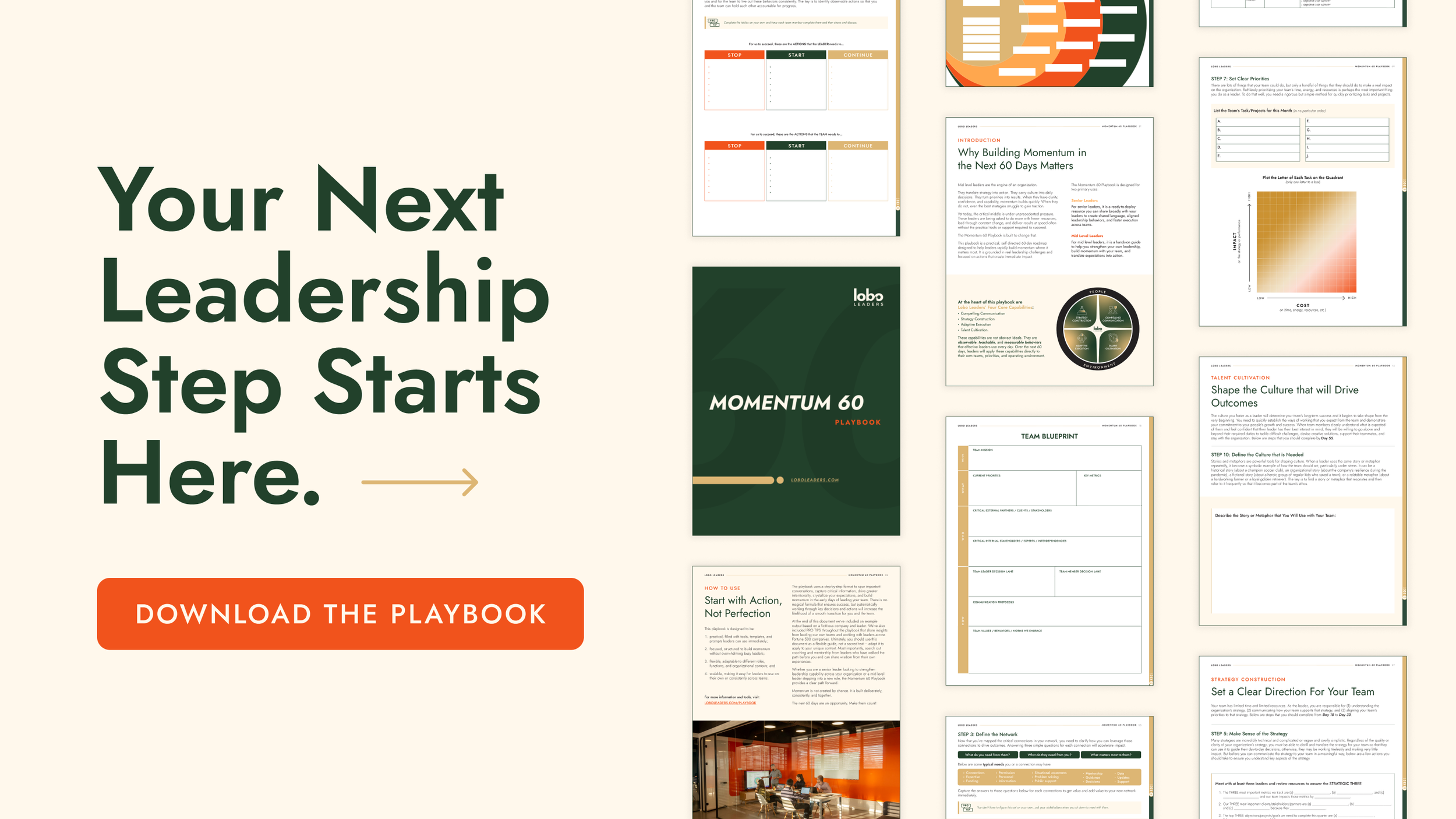 A promotional webpage for a leadership playbook titled 'Momentum 60'. The page features the headline 'Your Next Leadership Step Starts Here,' a call-to-action button to download the playbook, and various pages from the playbook including sections on team blueprints, strategies, and goal-setting.