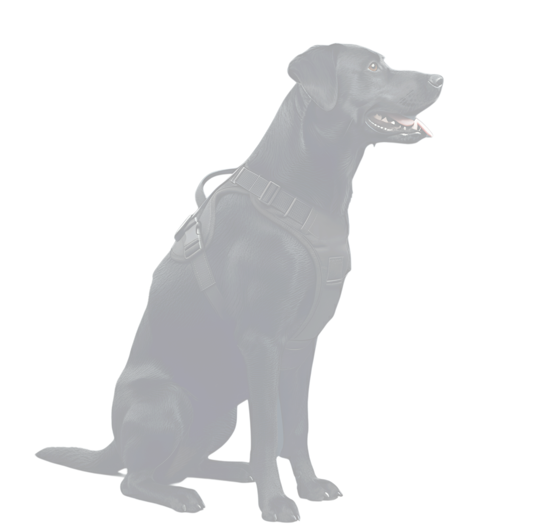 Black Labrador retriever wearing a harness, sitting on a black background.