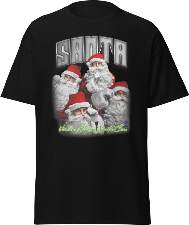 Black T-shirt featuring a graphic of five Santa Claus figures wearing red suits and hats, with the word 'SHANTA' in large metallic letters at the top and the phrase 'Winter Haven Santa Co.' in green cursive at the bottom.