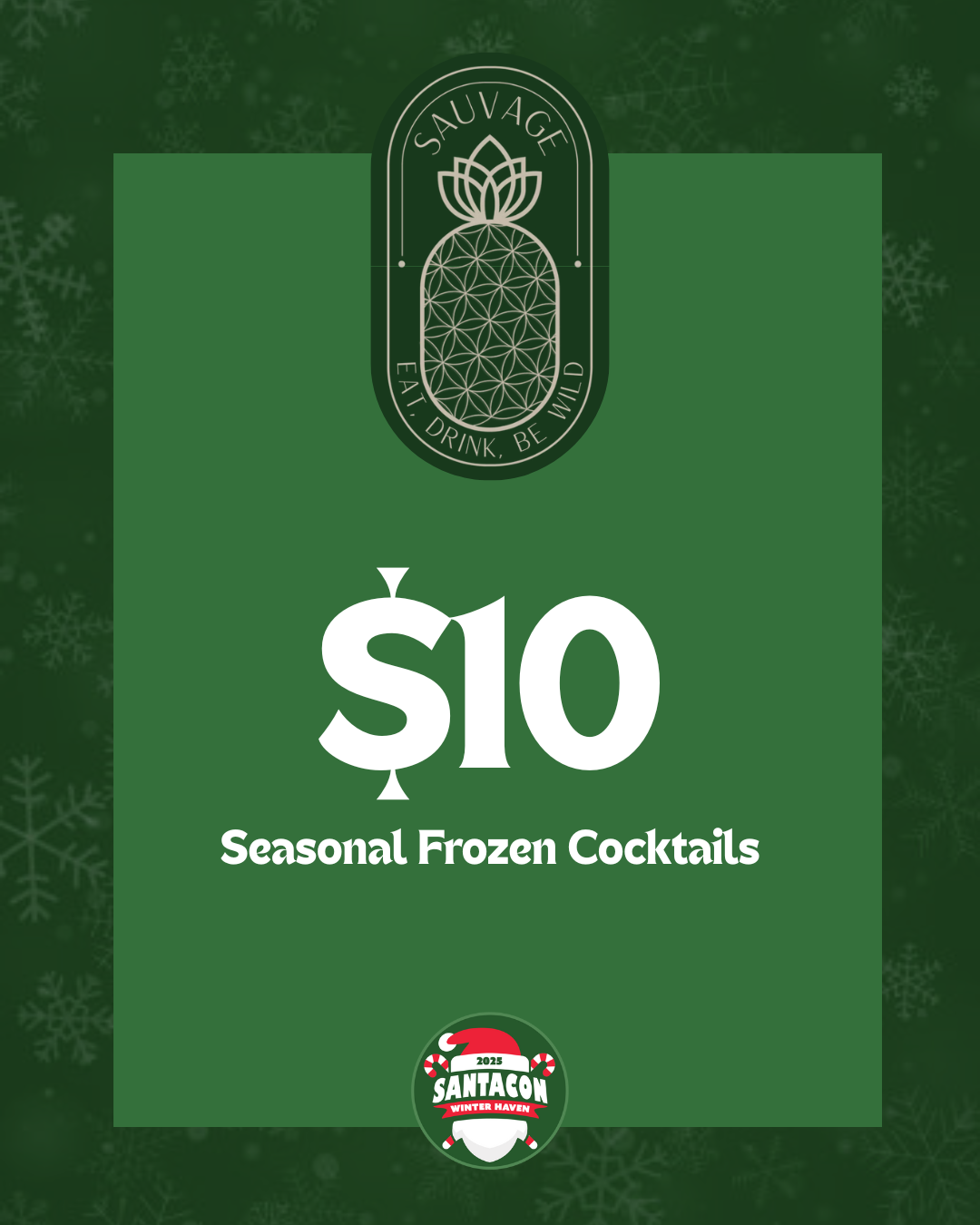 Stylized logo featuring a geometric pineapple with a lotus flower on top, and the phrase "Sauvage" above and "Eat, Drink, Be Wild" below in a circular design.