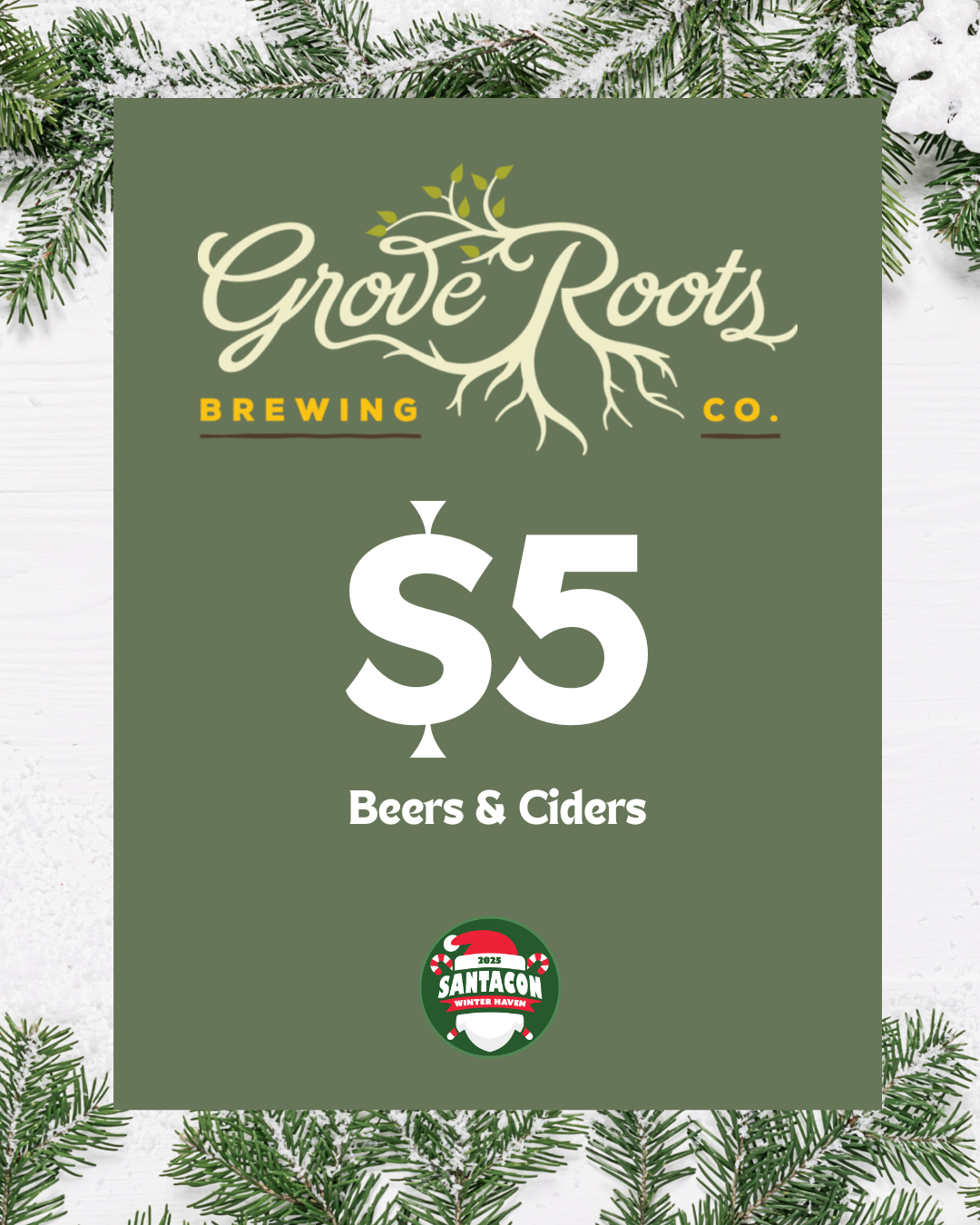 A promotional sign from Grove Roots Brewing Co. advertising beers and ciders for five dollars, with a SantaCon 2023 logo at the bottom, set against a background of snow and pine branches.