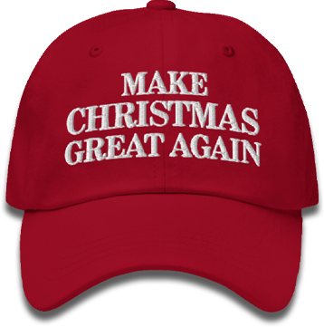 Red baseball cap with white embroidered text saying 'Make Christmas Great Again'.