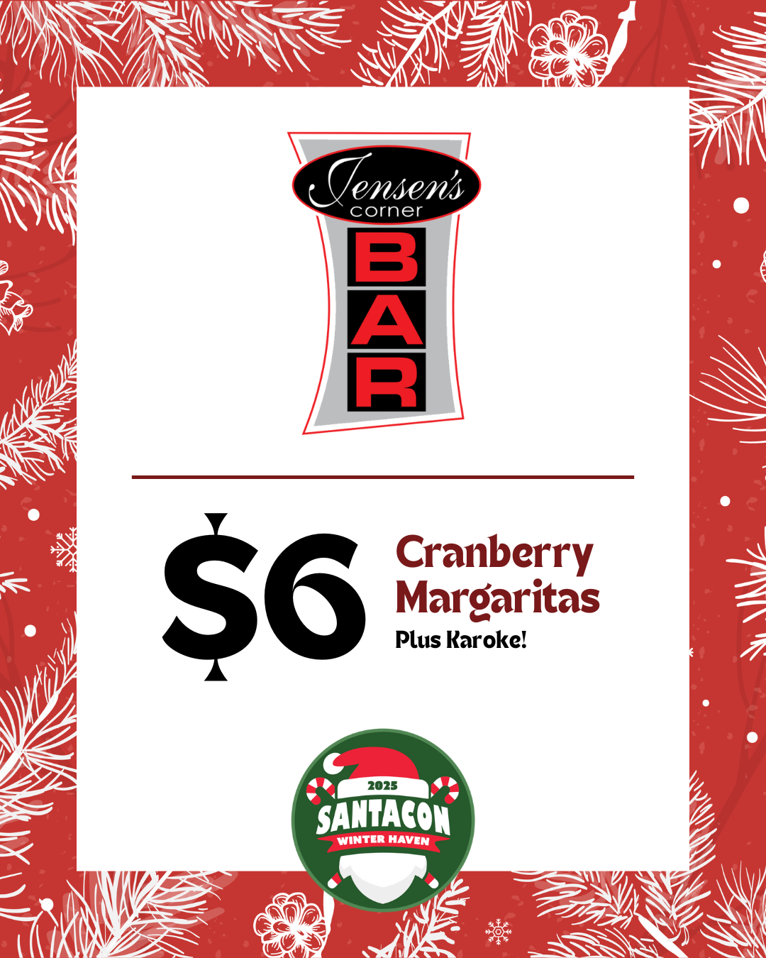 Logo for Jensen's Corner Bar, with the word 'BAR' vertically displayed in red and black letters, and the name 'Jensen's Corner' above in white script on a black oval background.