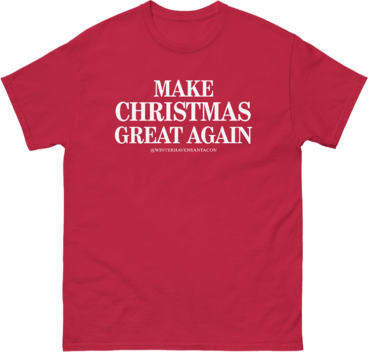 Red T-shirt with white text reading 'MAKE CHRISTMAS GREAT AGAIN' and '@WINTERHAVENSANTACON' underneath.