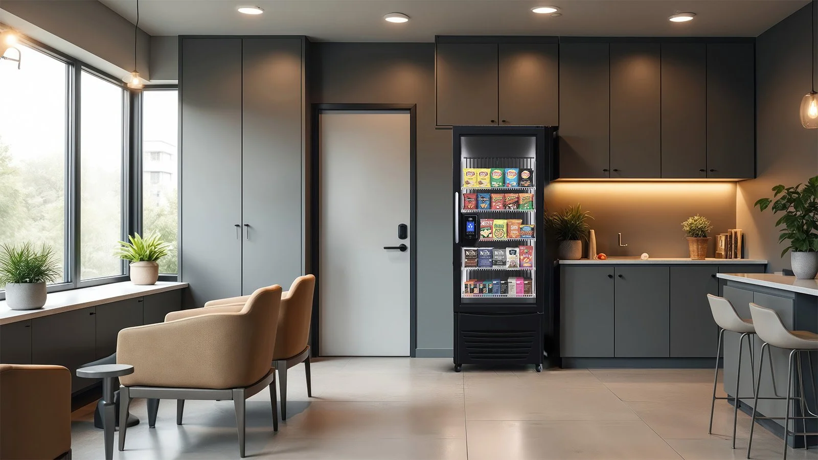 Modern lounge area with large windows, beige chairs, green plants, gray cabinets, a vending machine with snacks, and a small kitchen area with barstools.