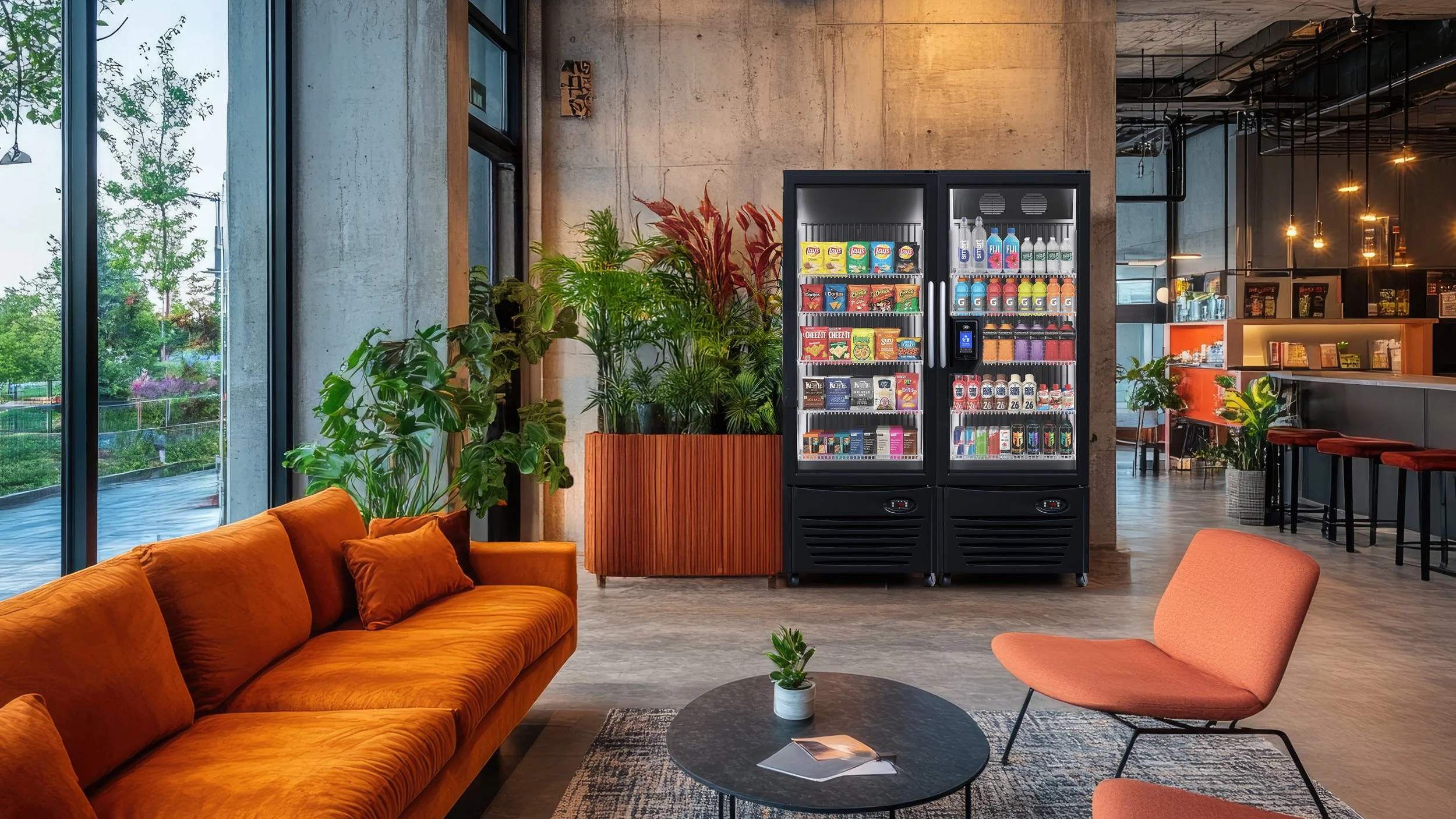 Modern coffee shop interior with orange sofa, pink chair, round black table with small potted plant, snack and drink vending machines, large windows, and greenery.