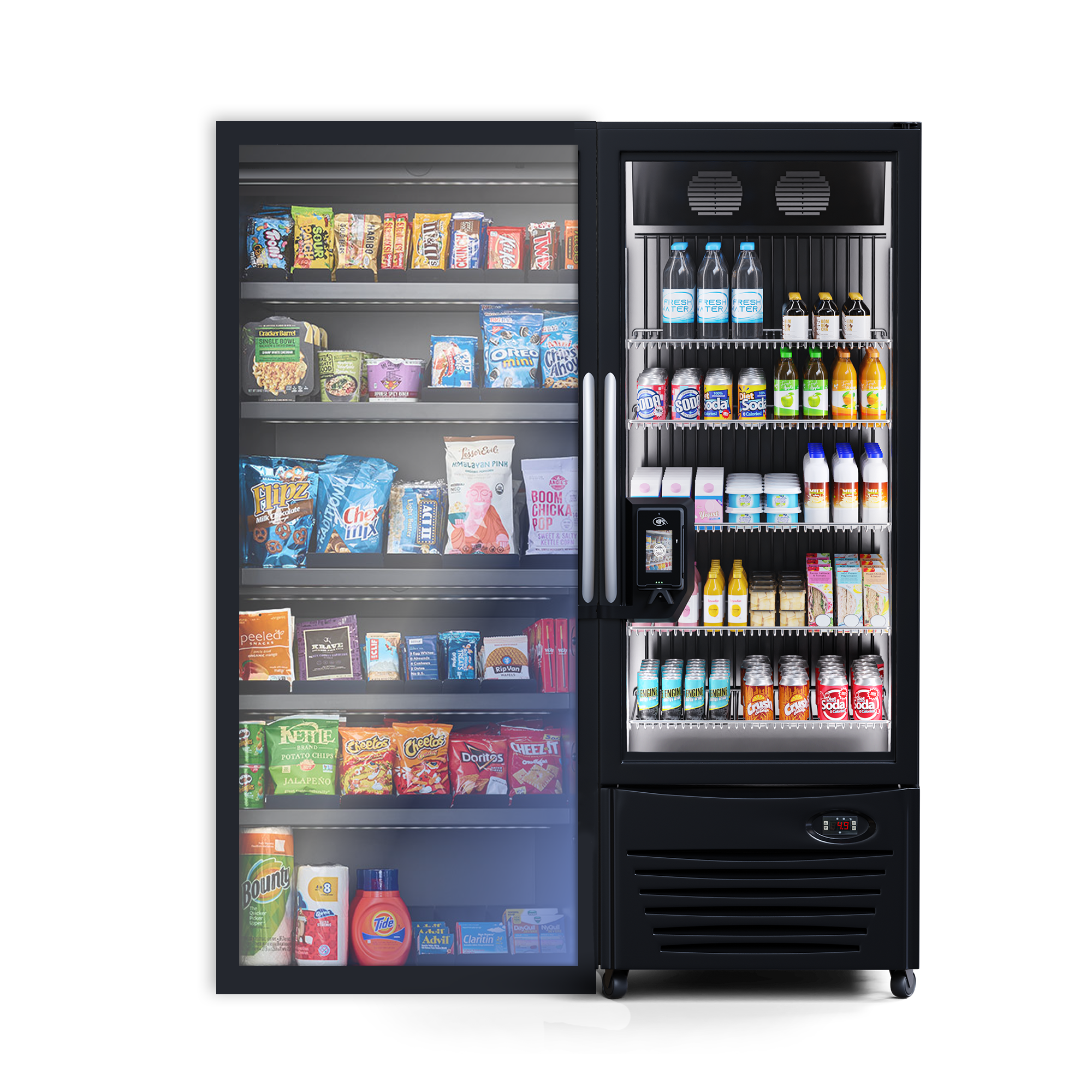Vending machine stocked with snacks on the left side and beverages on the right side, including chips, candy, bottled water, soda, and juice.
