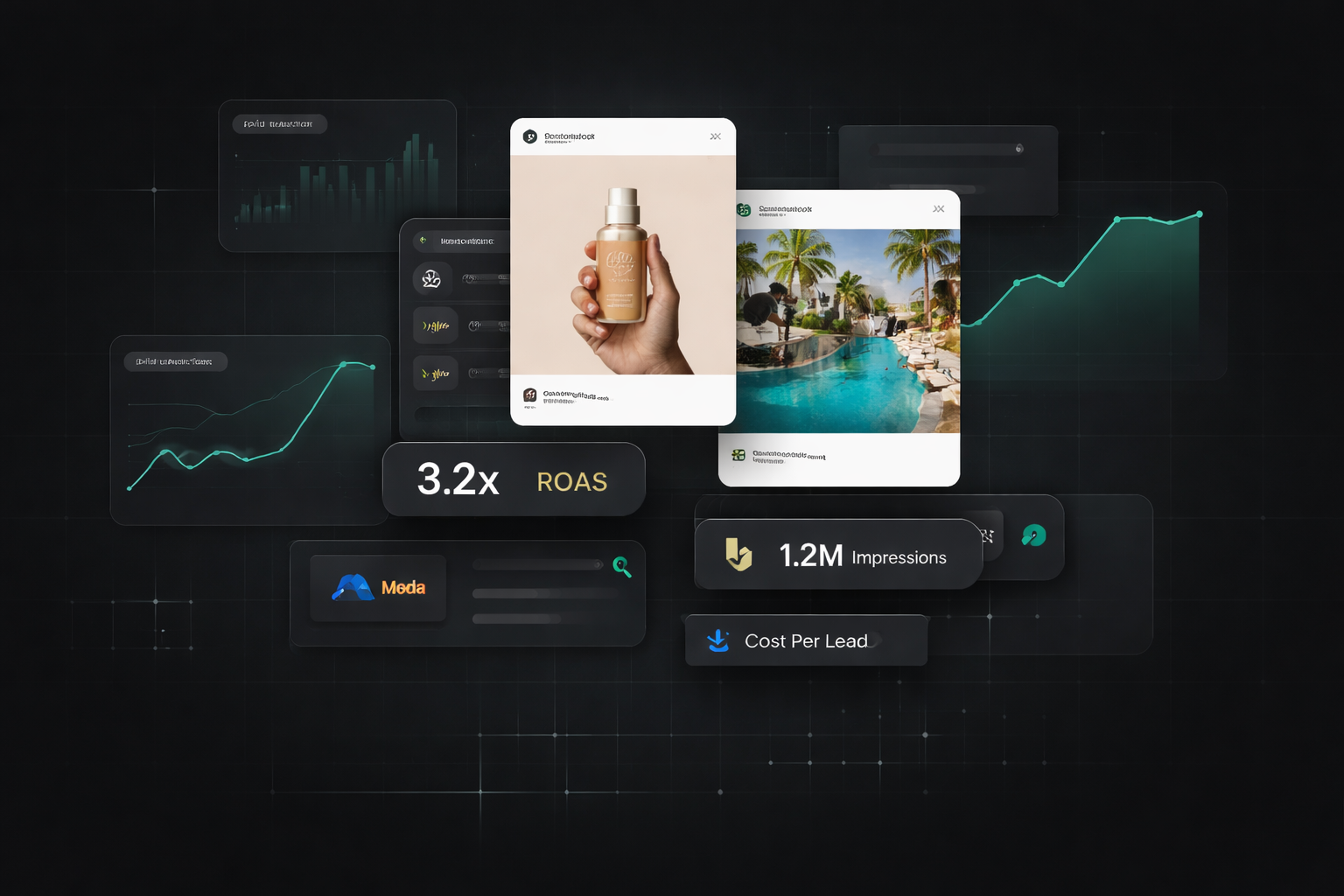 Modern white house with multiple balconies, surrounded by a well-maintained lawn and outdoor dining area, with a drone flying above during sunset.