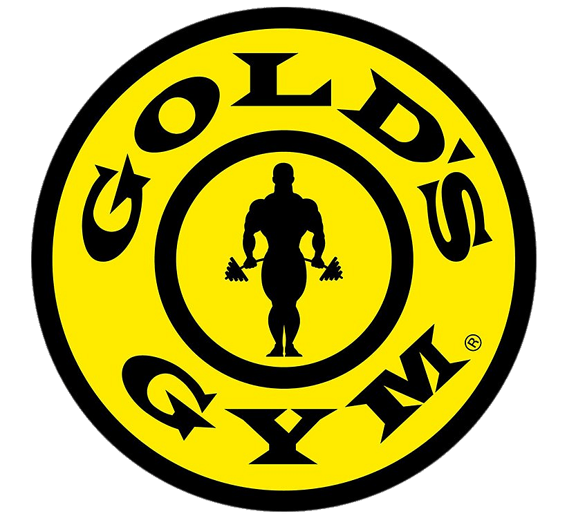 Yellow and black circular logo with a silhouette of a muscular man lifting dumbbells in the center, with the words 'GOLD'S GYM' around the circle.