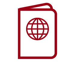 A red outline-style icon: Icon of a red passport with a globe symbol on the cover.