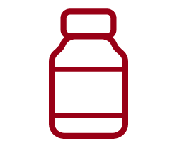 A red outline-style icon: Outline of a pill bottle or jar with a cap