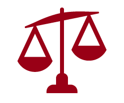 A red outline-style icon: A red and white scale of justice symbol.