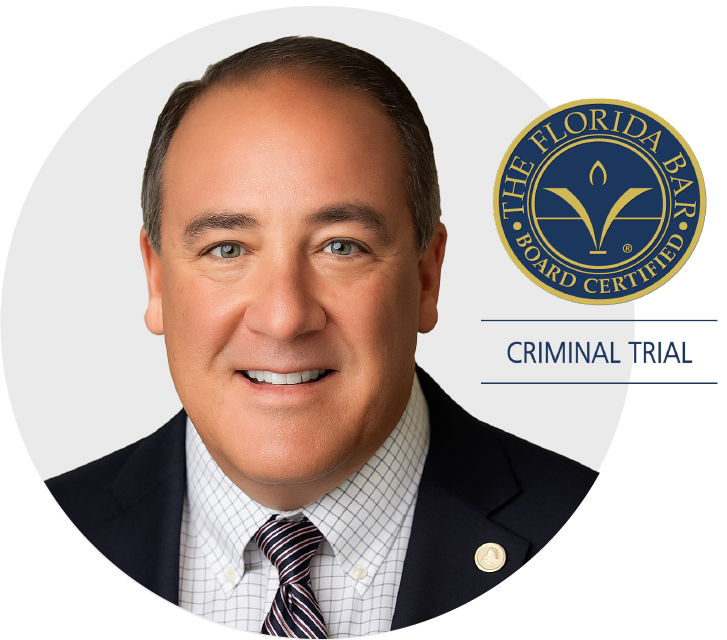 Valentin Rodriguez, P.A., board certified criminal trial attorney, smiling, with a Florida Bar board certification seal on the right.