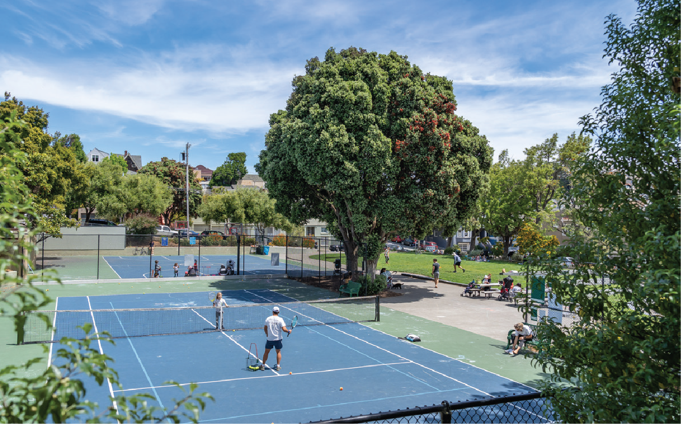 Park with tennis courts, people playing and sitting, large tree, blue sky with clouds.