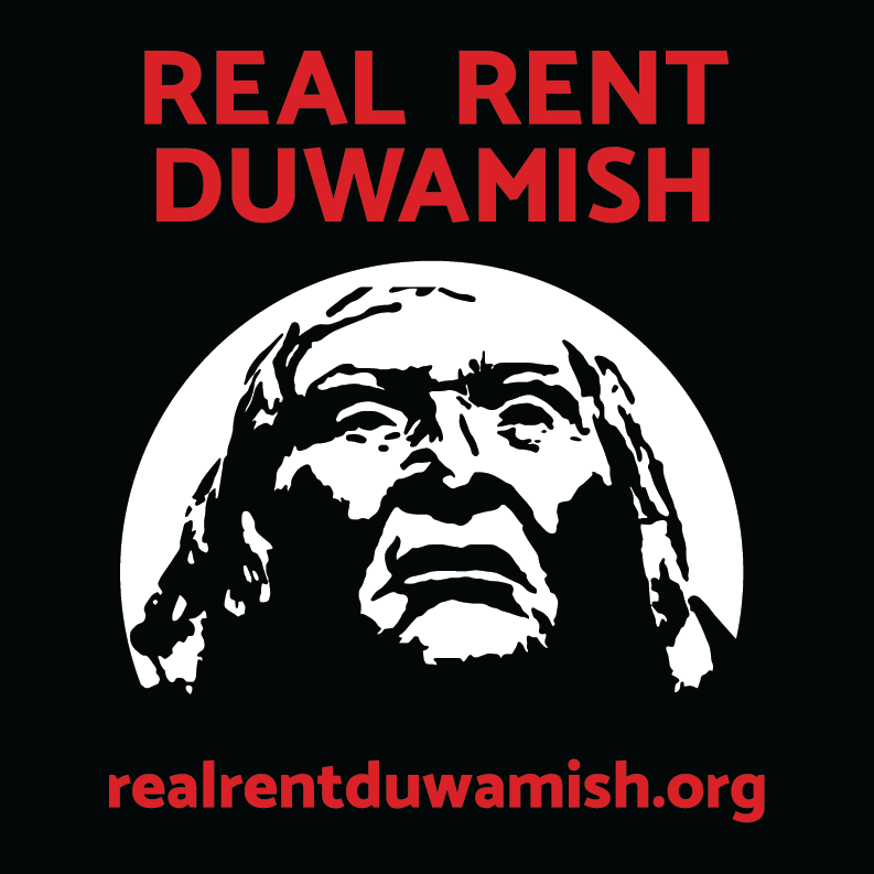 Black background with white illustration of a Native American man's face with long hair. Red text at the top reads "REAL RENT DUWAMISH" and red text at the bottom displays "realrentduwamish.org."