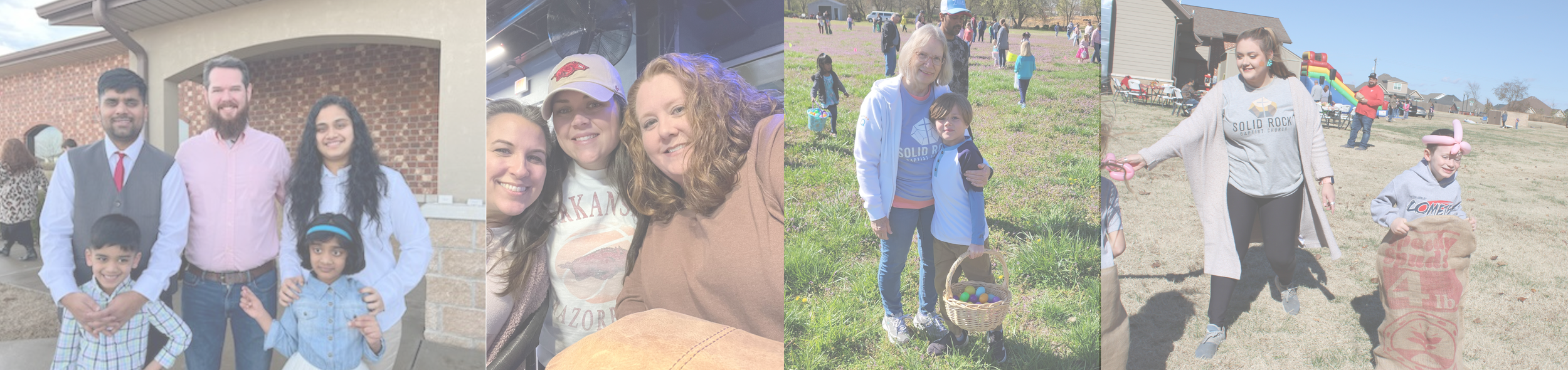 A collage of four photos: First shows a family group with two children and three adults posing outside a building; second features three women smiling for a selfie indoors; third captures an outdoor Easter egg hunt with a woman and a young girl holdi