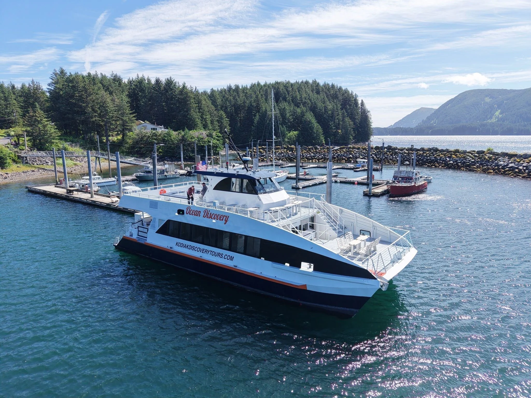 A large white boat labeled 'Ocean Discovery' docked at a marina, with a smaller red boat nearby, set against forested hills and mountains on a clear day.