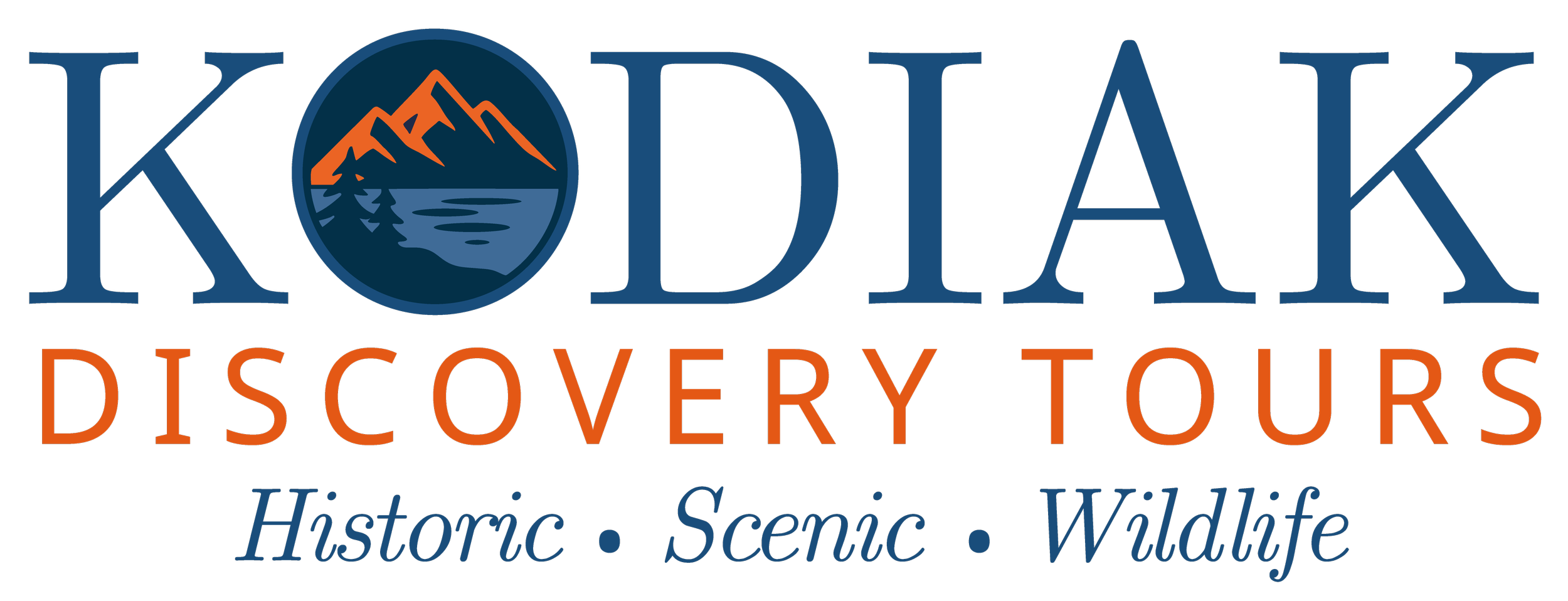 Logo for Kodiak Discovery Tours featuring mountain and lake imagery with text indicating historic, scenic, and wildlife tours.
