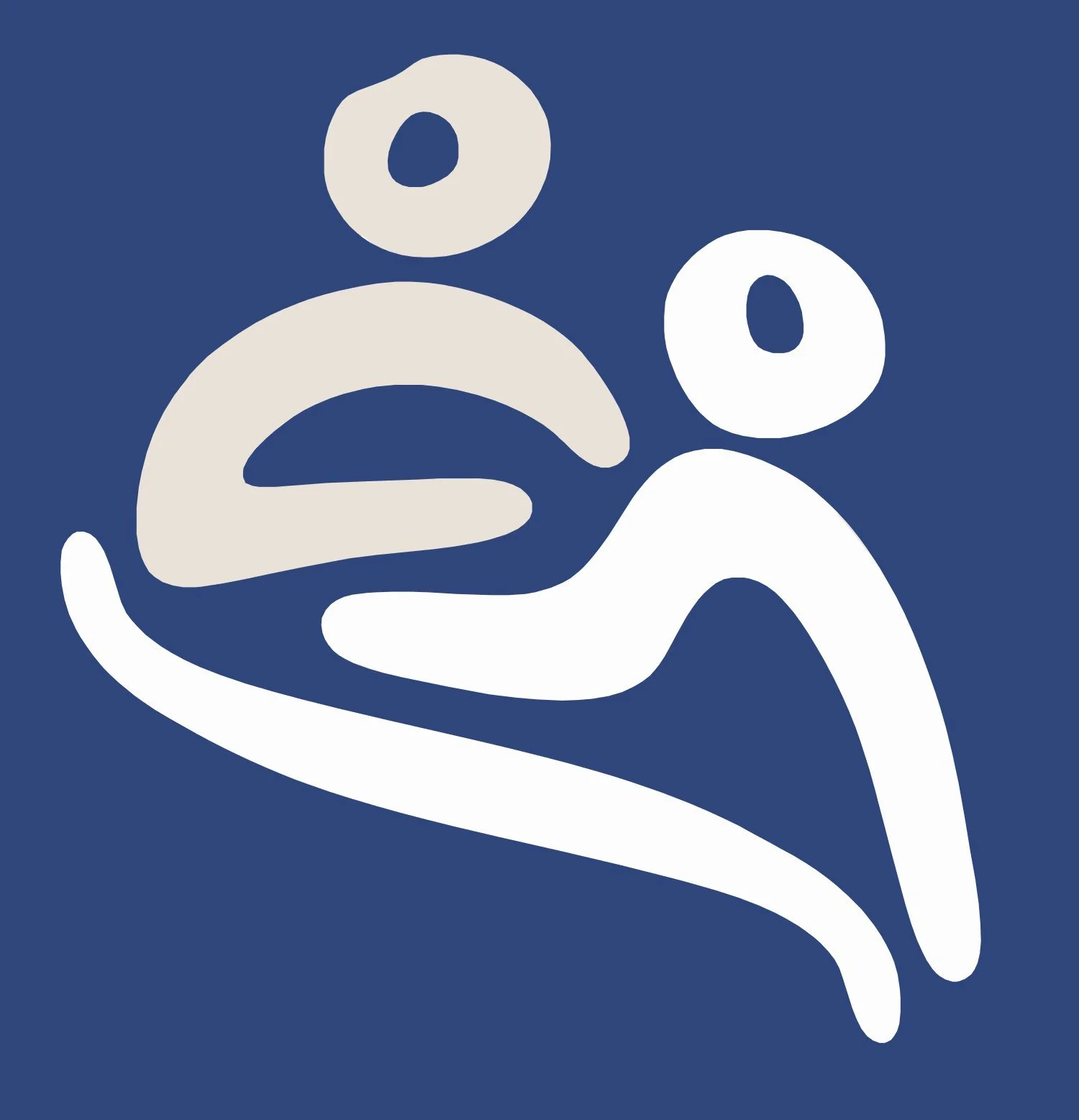 Icon of two abstract human figures, one holding a book or folder, on a dark blue background.