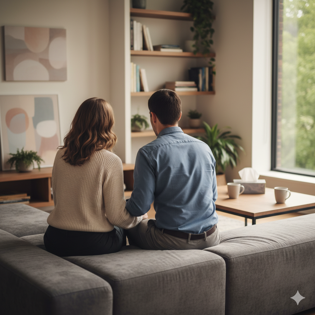 A man and woman sitting on a gray sofa in a living room, facing away, with bookshelves and large window with green trees outside.