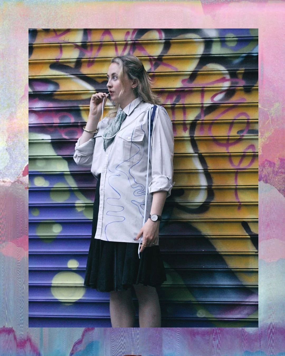 Hand illustrated and stitched cotton shirt - "pouring"