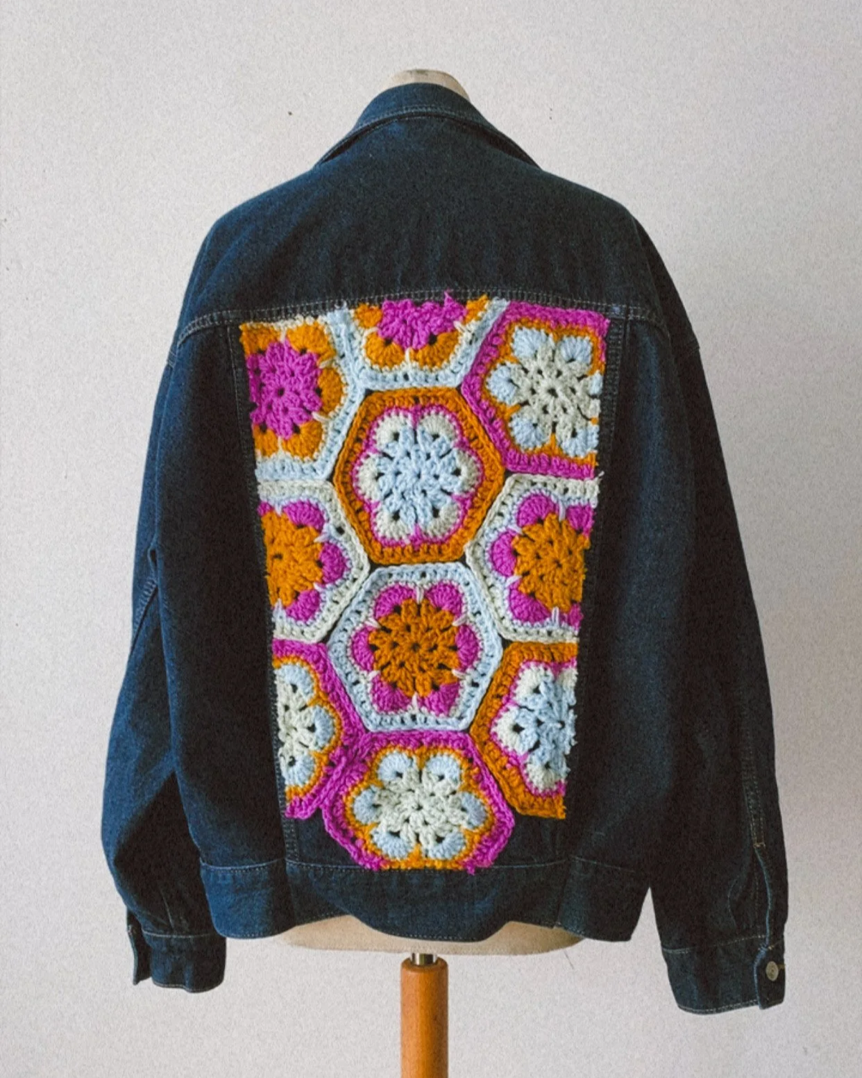 crochet hexagons on denim jacket