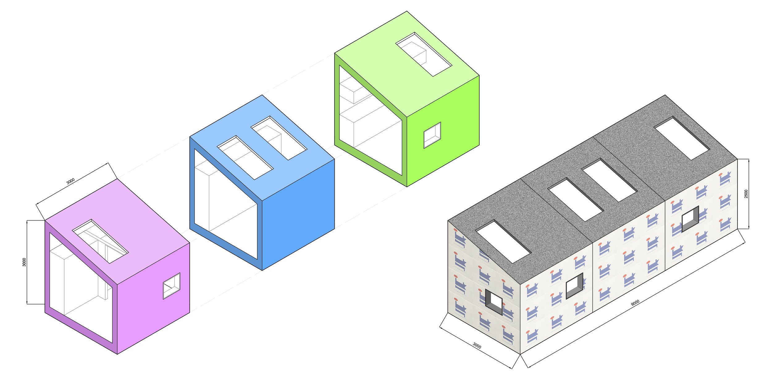 Made from Pre-Fabricated Cubes, it could be easily transported around narrow city streets, and reinforced structurally using Scaffolding. 