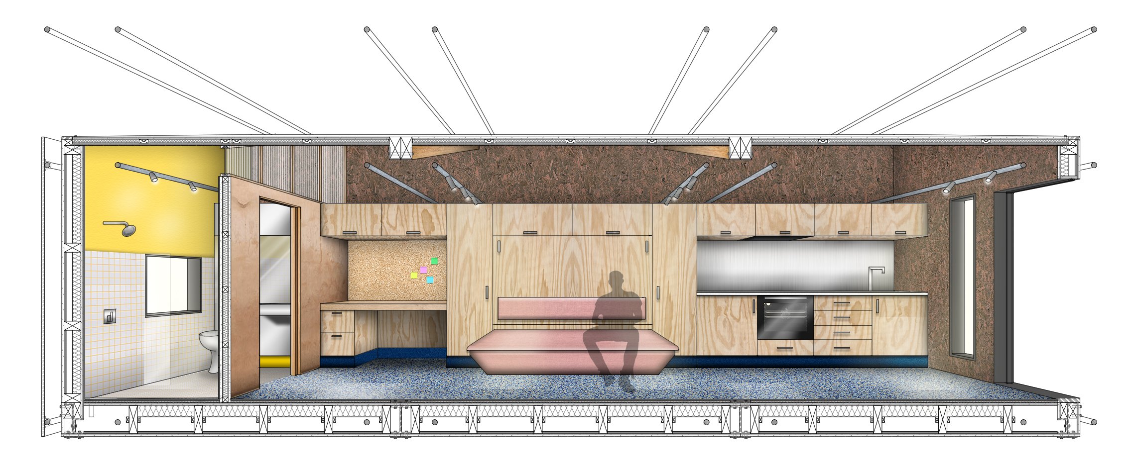 Enough space for single occupant to Live, Work, Eat. Providing a safe space to transition. 