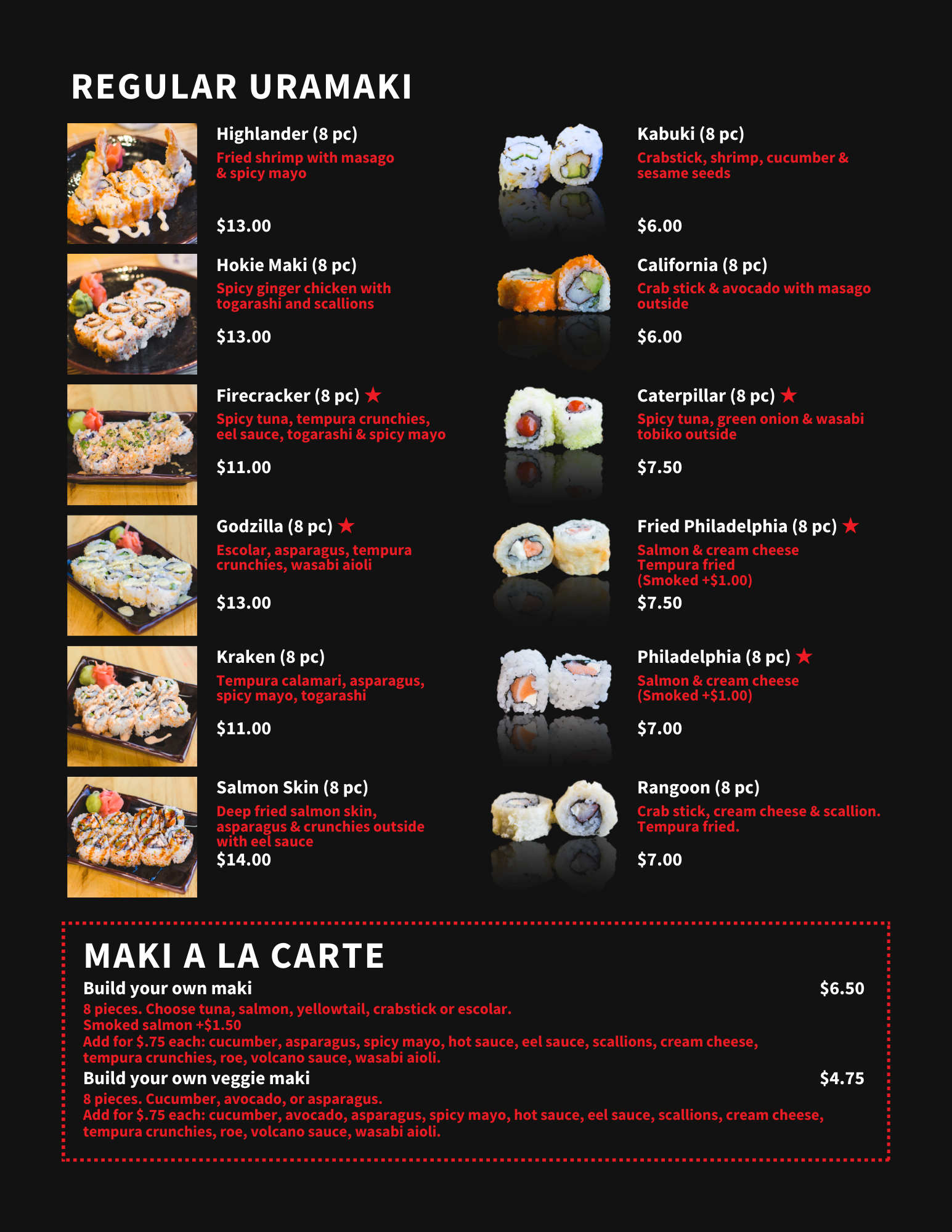 The sushi photos that have had the background removed and subject reflected is one of my favorite design touches on this project.