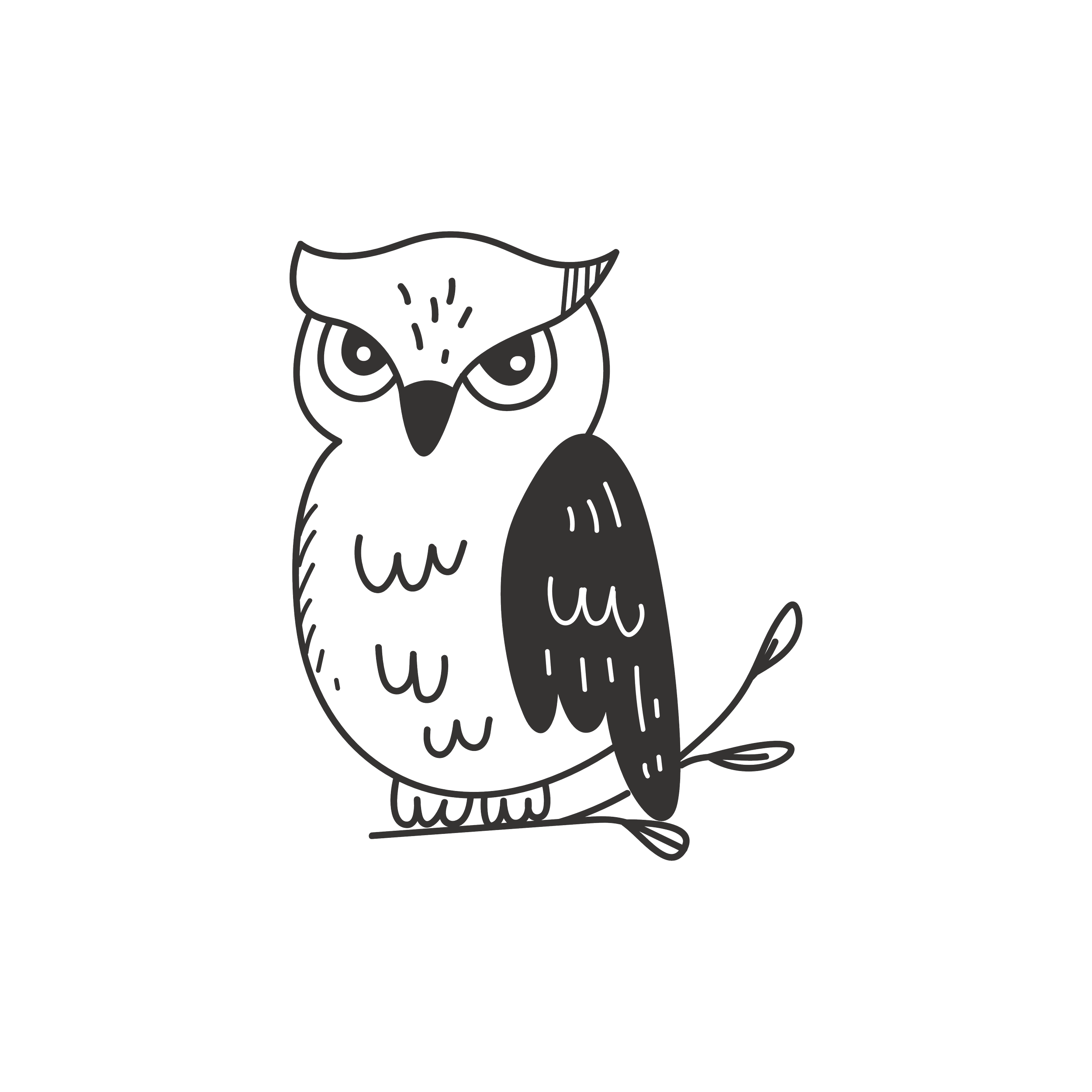 Line drawing of an owl with a leaf in its beak on a black background.