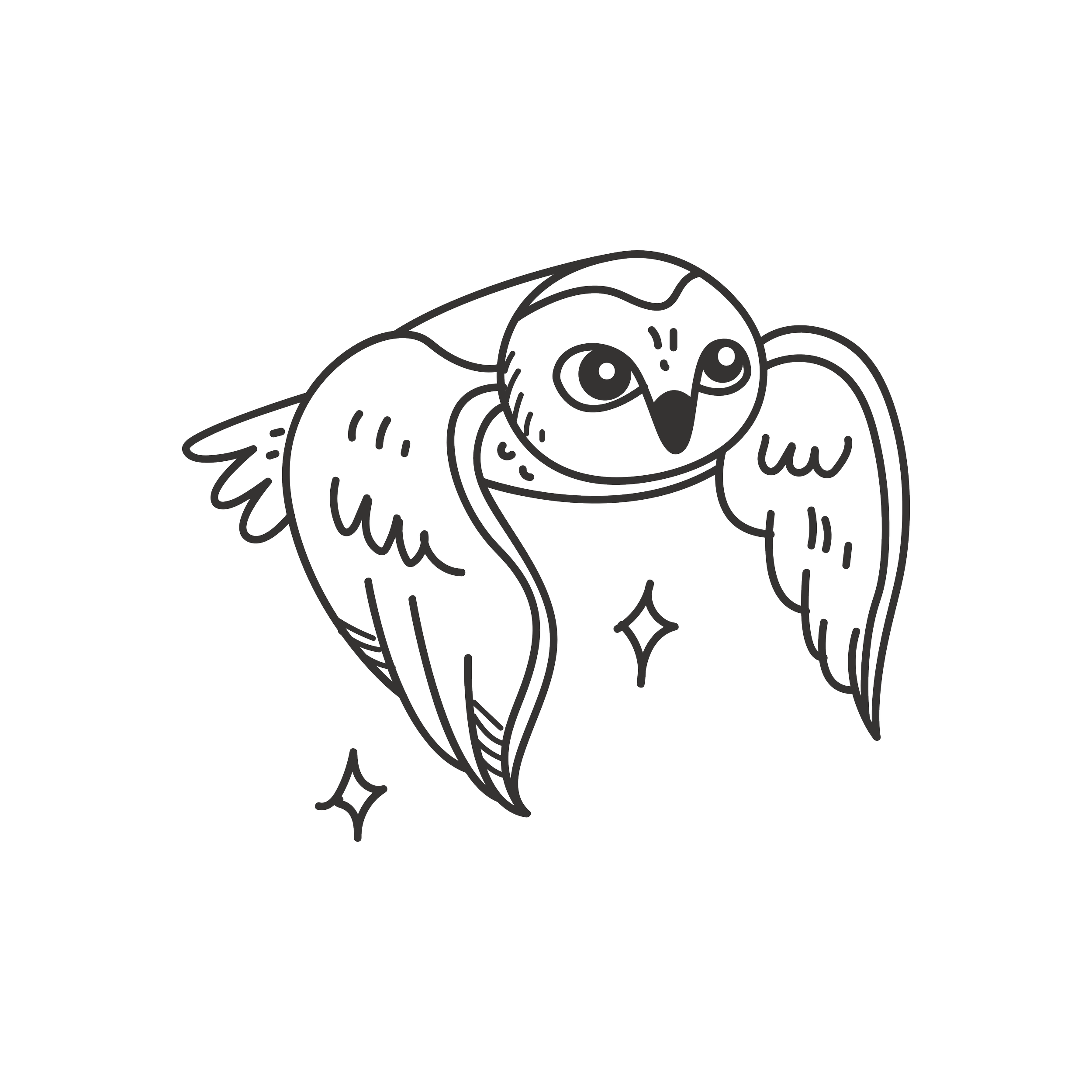 Line drawing of an owl with wings spread and two sparkles, in a minimalist style.