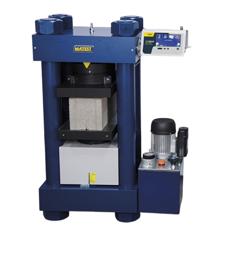 Prensa hidráulica de laboratorio con pantalla digital y sistema de vacío, utilizada en pruebas de compresión de materiales.