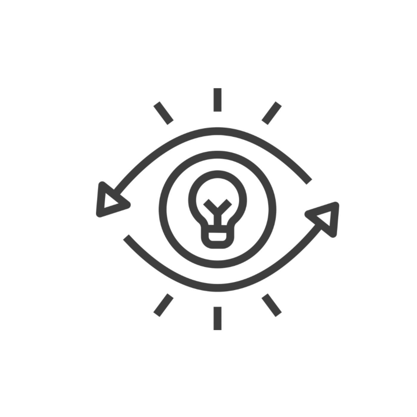 Icono de una vista en forma de ojo con una bombilla en el centro, rodeado por flechas que indican visión y creatividad.