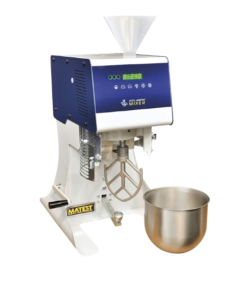 Mezcladora automática para mezclas de materiales, con pantalla digital y embudo en la parte superior, acompañado de un tazón de acero inoxidable. Mezcladora automática de mortero para cemento y mortero