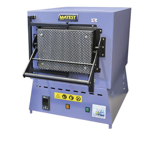 Horno de laboratorio de secado y esterilización, de color azul, con botón de encendido y advertencias de seguridad en la parte frontal.