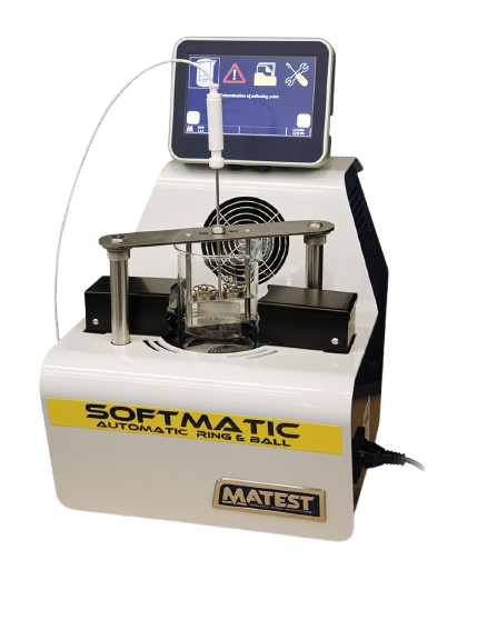 Aparato de prueba de oro con pantalla digital y estructura metálica, utilizado para verificar la autenticidad de objetos mediante anillos y bolas automáticos. Softmatic es el aparato de anillo y bola totalmente automático de Matest, diseñado para pro