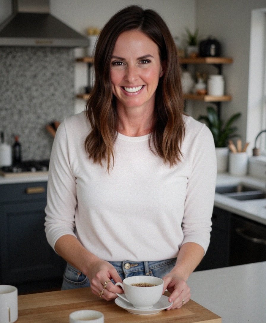 Raelan Agle smiling in a kitchen, holding a cup of coffee.