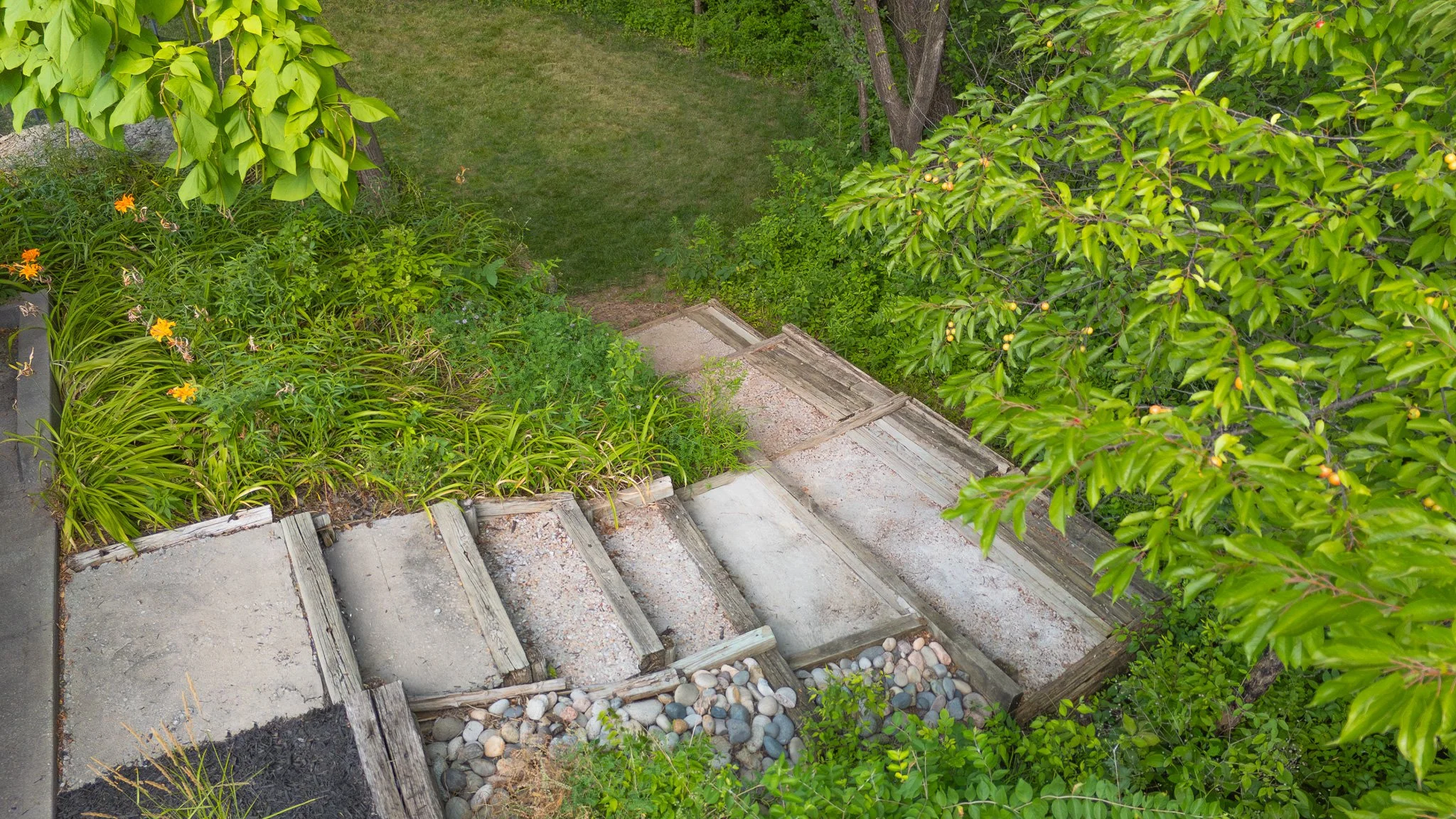 Back steps from driveway to lower back yard