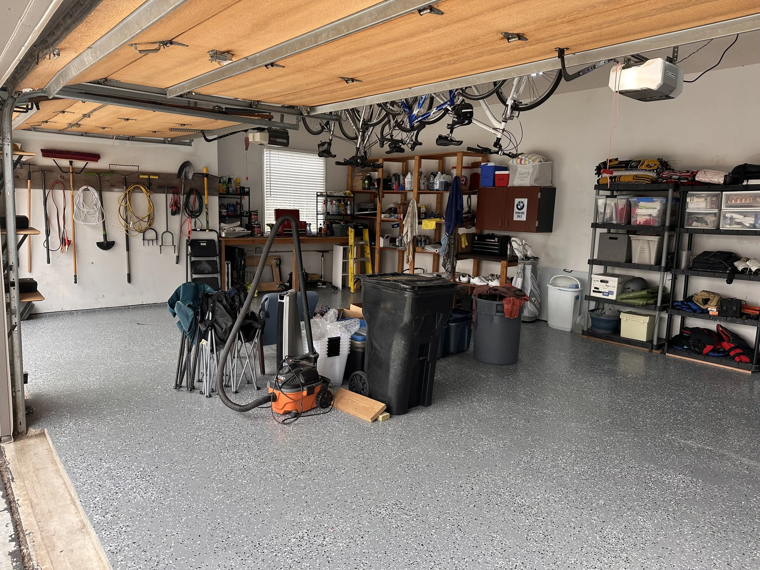 3 Car Garage with storage and shelving