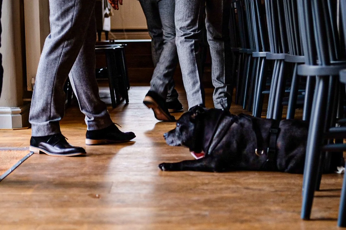 Three people in suits standing and talking indoors, with a black service dog lying on the wooden floor.