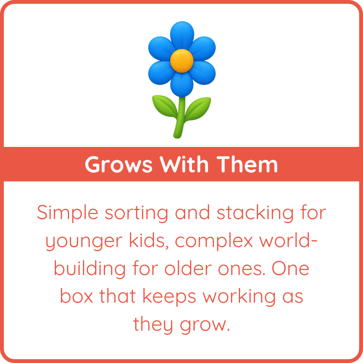 Blue flower graphic with the text "Grows With Them: simple sorting and stacking for younger kids, complex world-building for older ones"