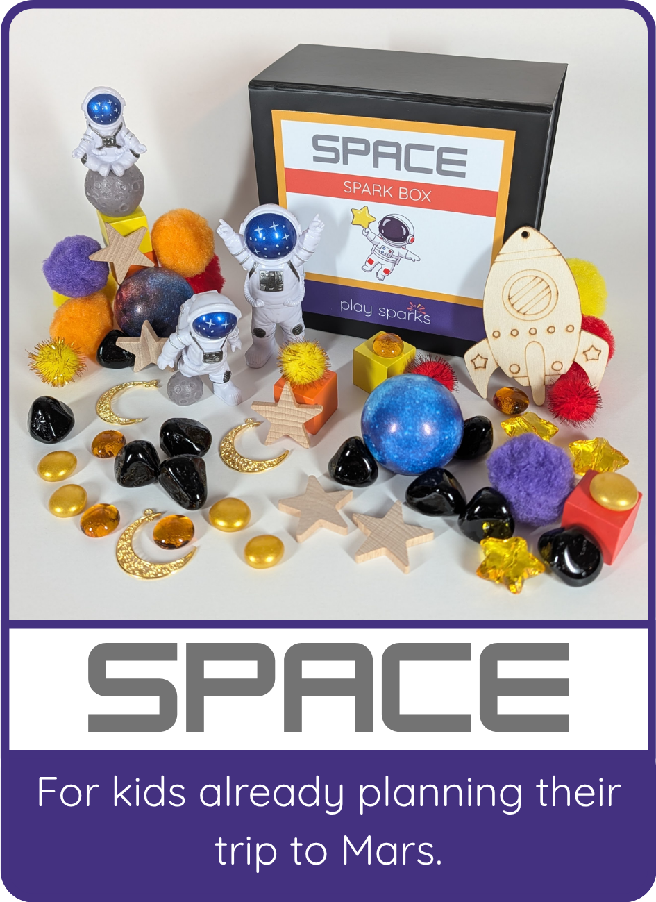 Space Spark Box for kids already planning their trip to Mars, shown with astronauts, a rocket, moons, and stars