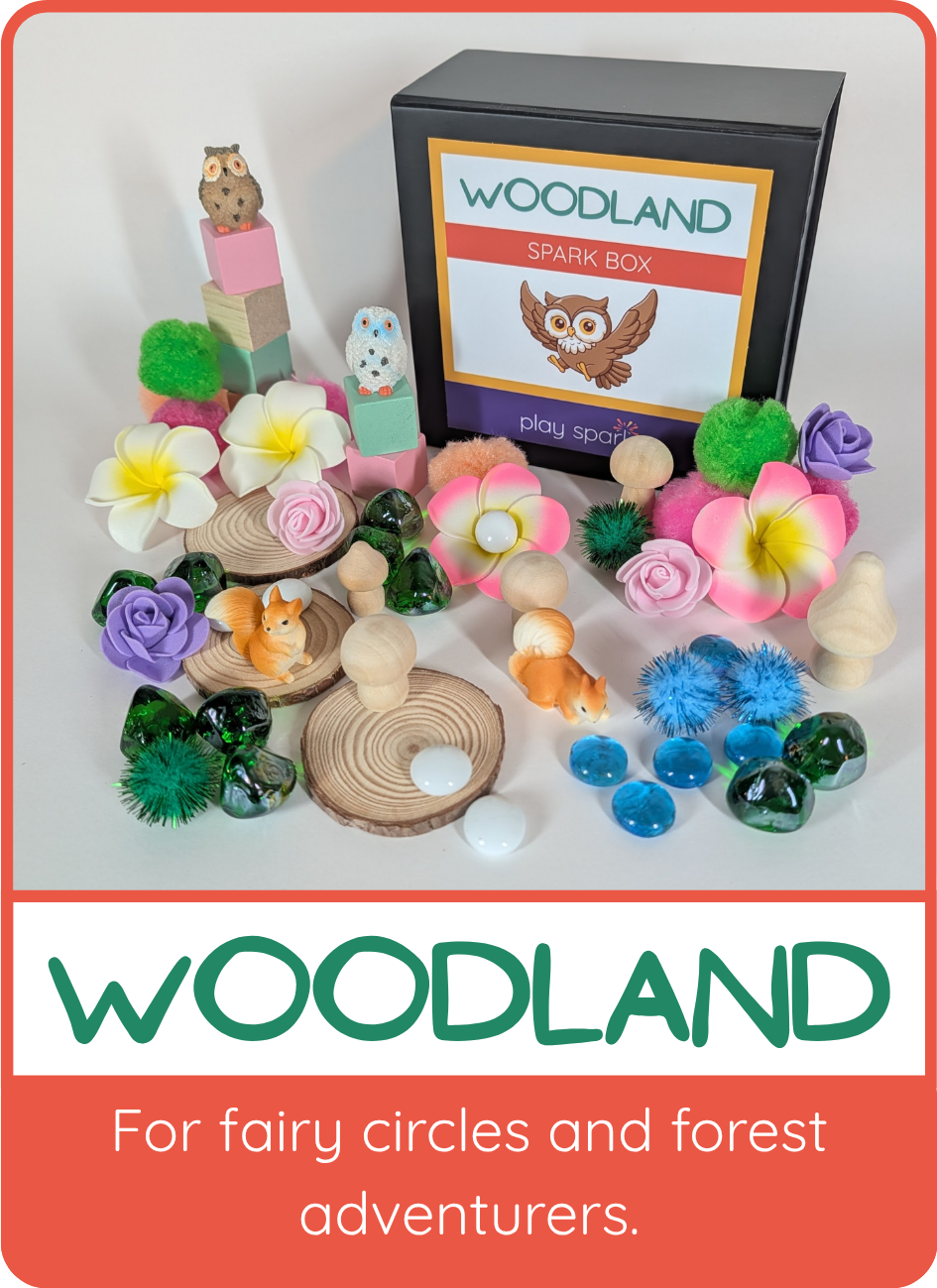 Woodland Spark Box for fairy circles and forest adventurers, shown with owls, squirrels, mushrooms, and flowers